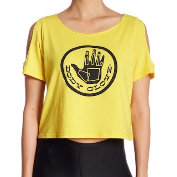 BODY GLOVE Yellow Gold & Black Cold Shoulder Cropped Surfer Tee - Picture 1 of 3